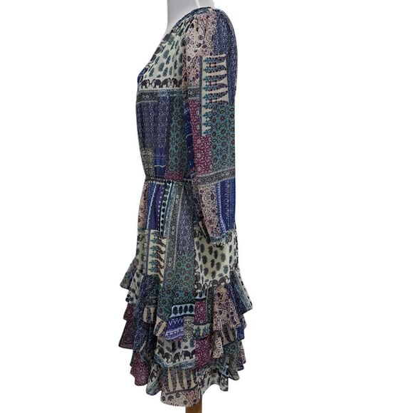 Hiche Colorful Patchwork Animal Print Boho Casual Tiered Dress Medium Multi Colo - Picture 4 of 16